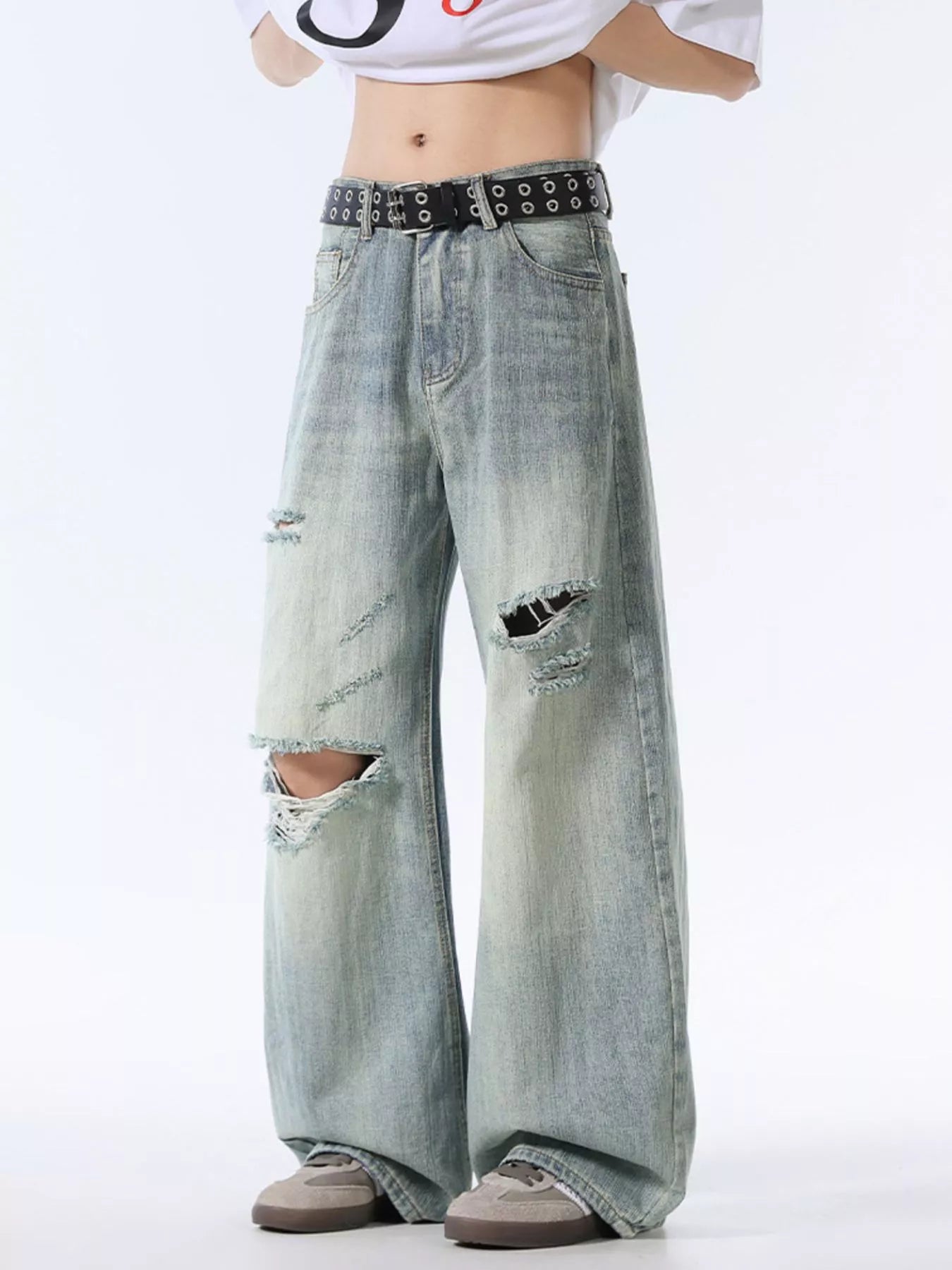 Men's Wash Distressed Wide Leg Jeans