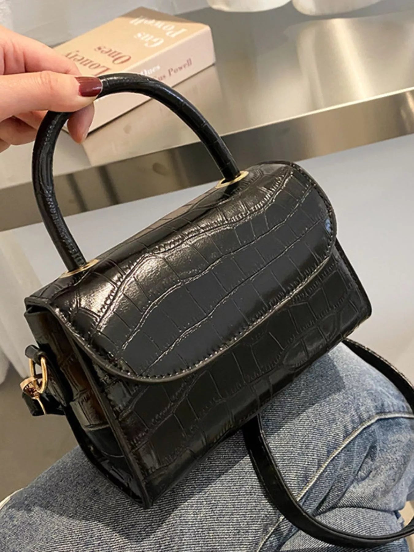 Crocodile Pattern Top Handle Crossbody Bag
