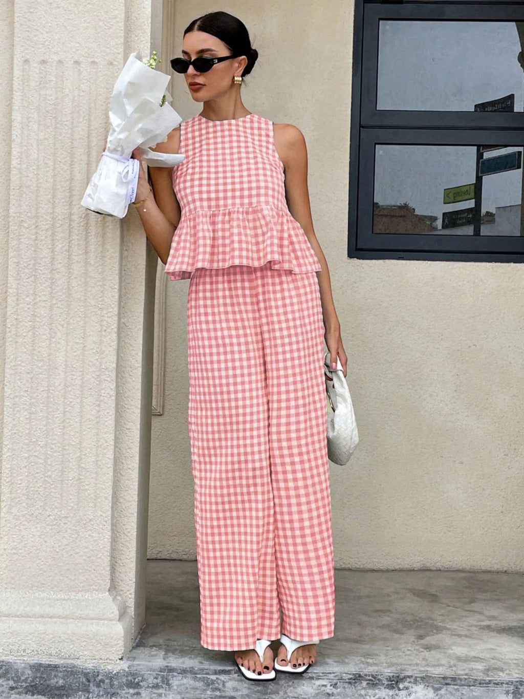 Gingham Sleeveless Top and Wide Leg Pants Set