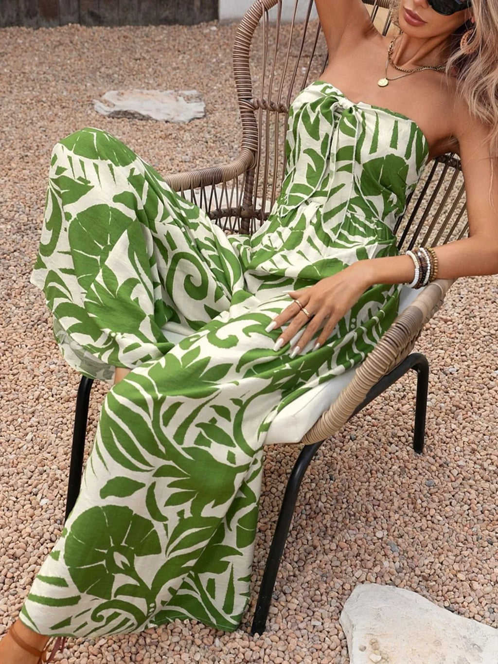 Tropical Print Tie Front Strapless Wide Leg Jumpsuit