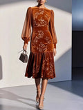Velvet Floral Lantern Sleeve Midi Dress
