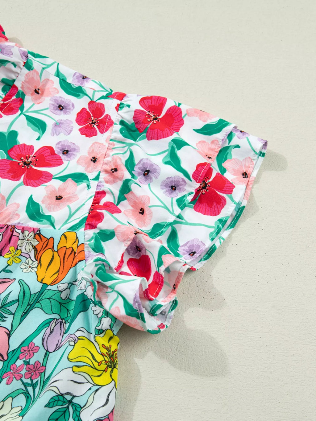 Floral Print Split Neck Button Front Flutter Sleeve Blouse