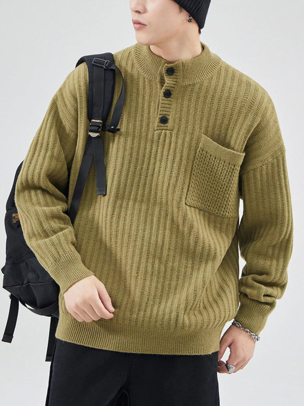Men's Full Size Button Detail Long Sleeve Sweater Plus Size