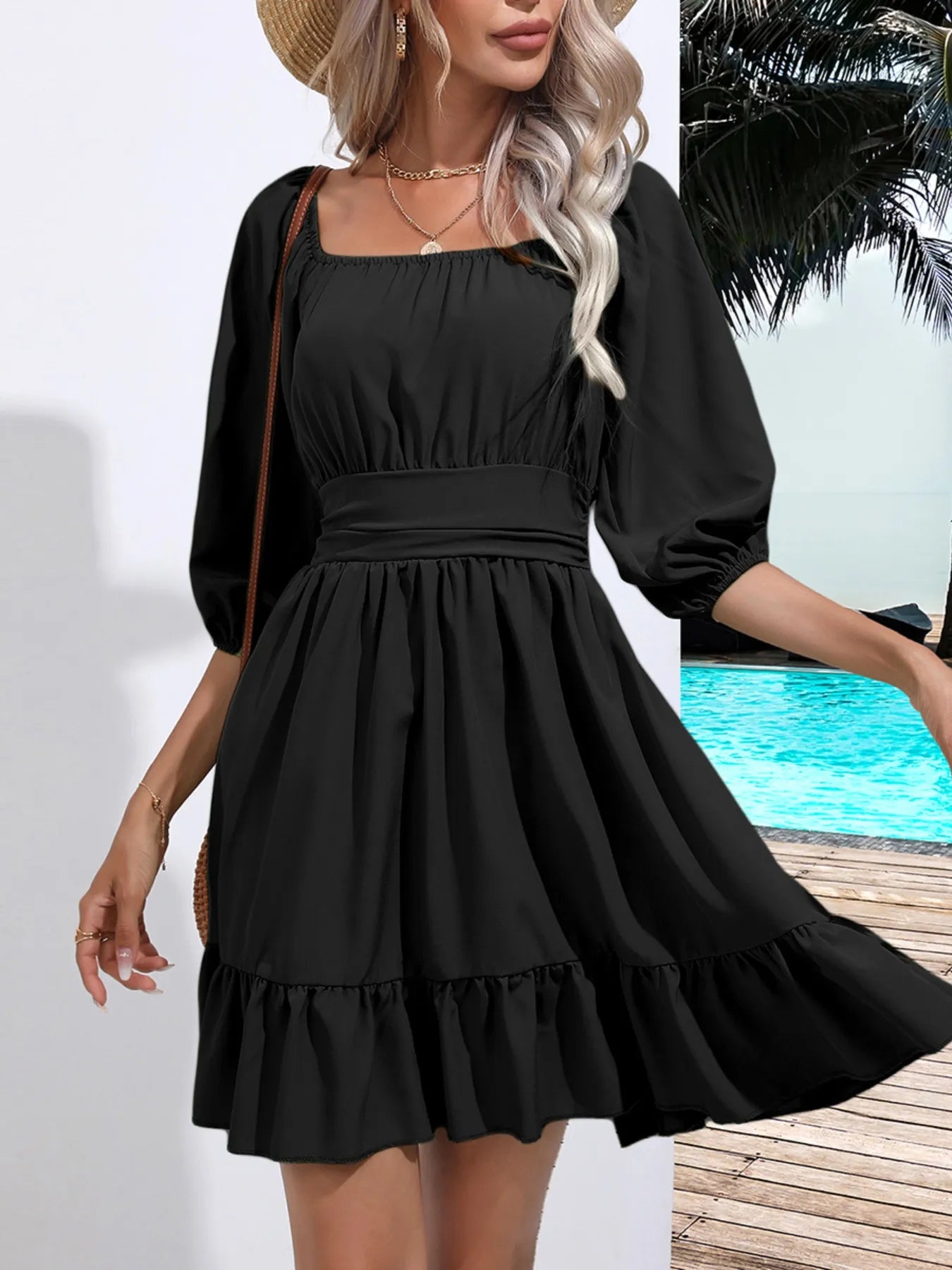 Tie Back Ruffled Hem Square Neck Dress