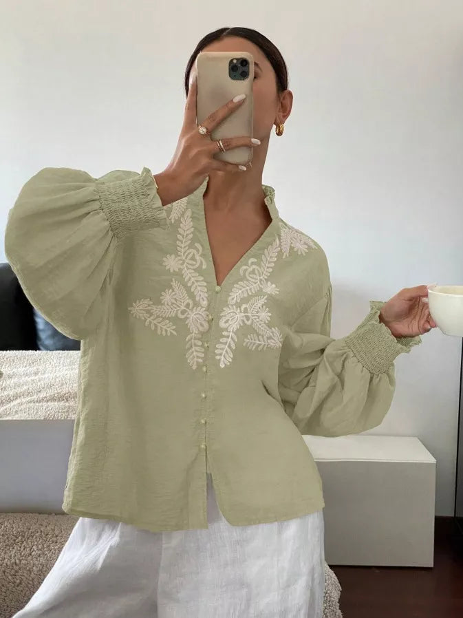 Embroidered Notched Long Sleeve Blouse