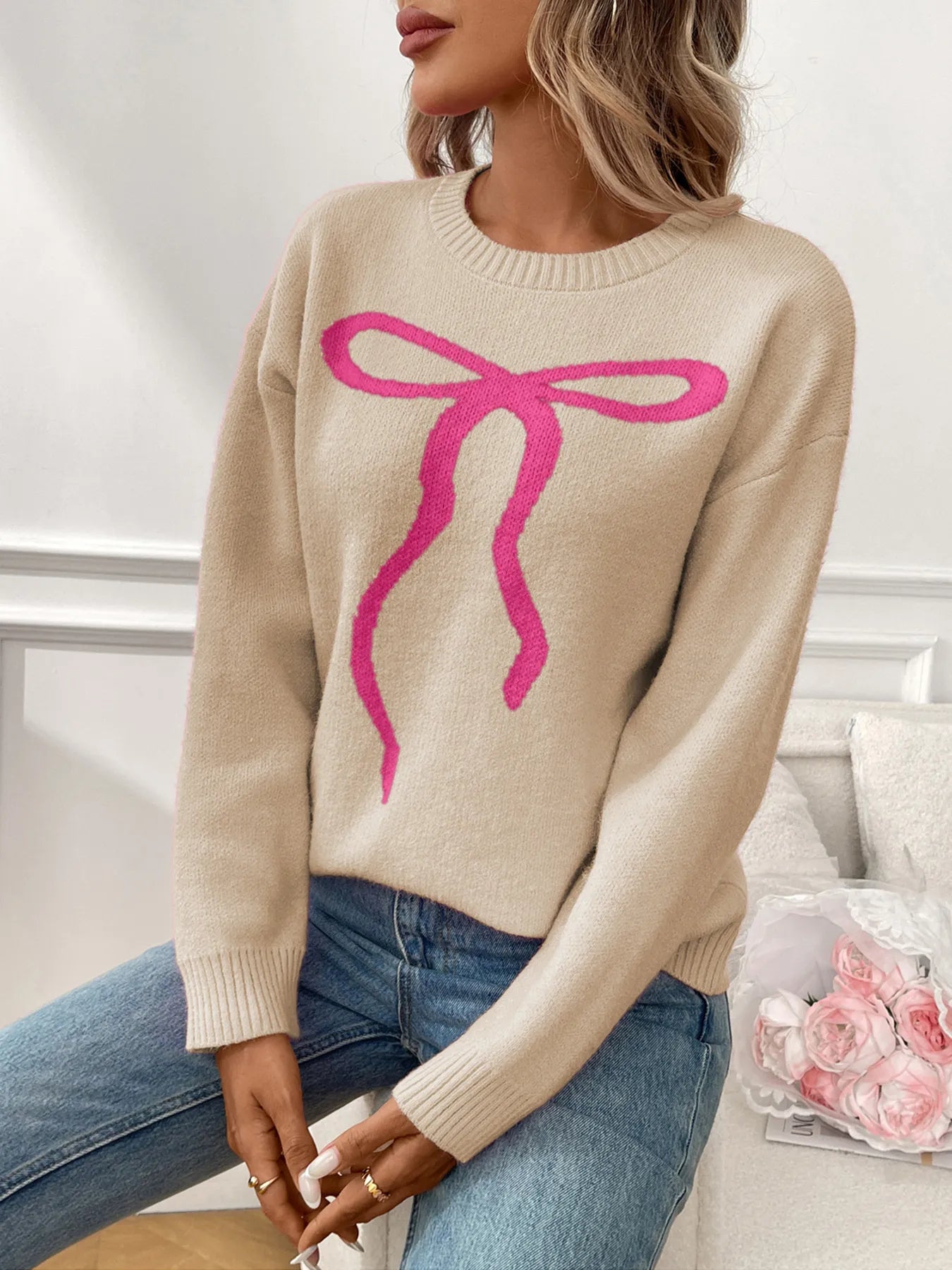 Bow Graphic Ribbed Hem Round Neck Sweater