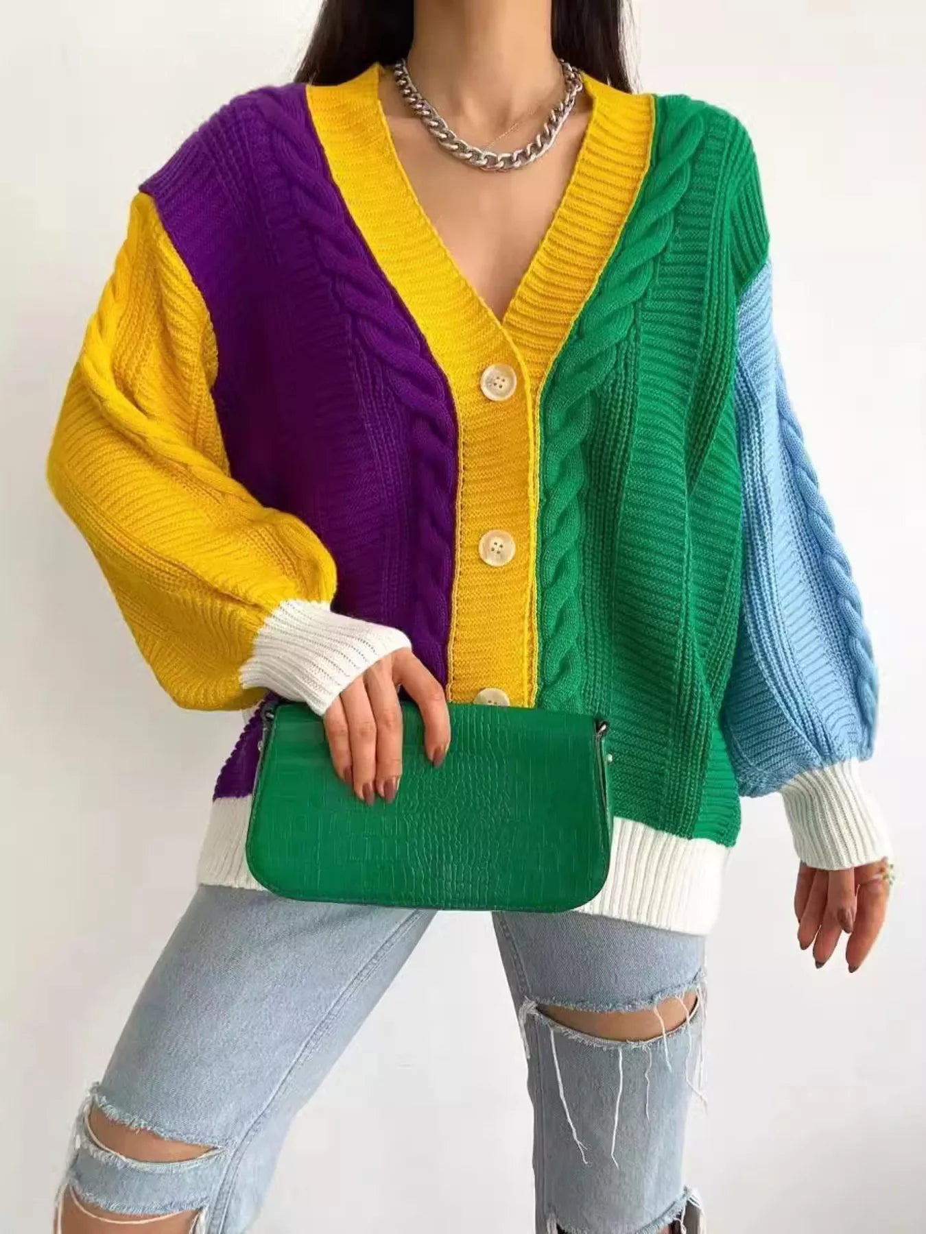 Color Block Button Down Cable-Knit Cardigan