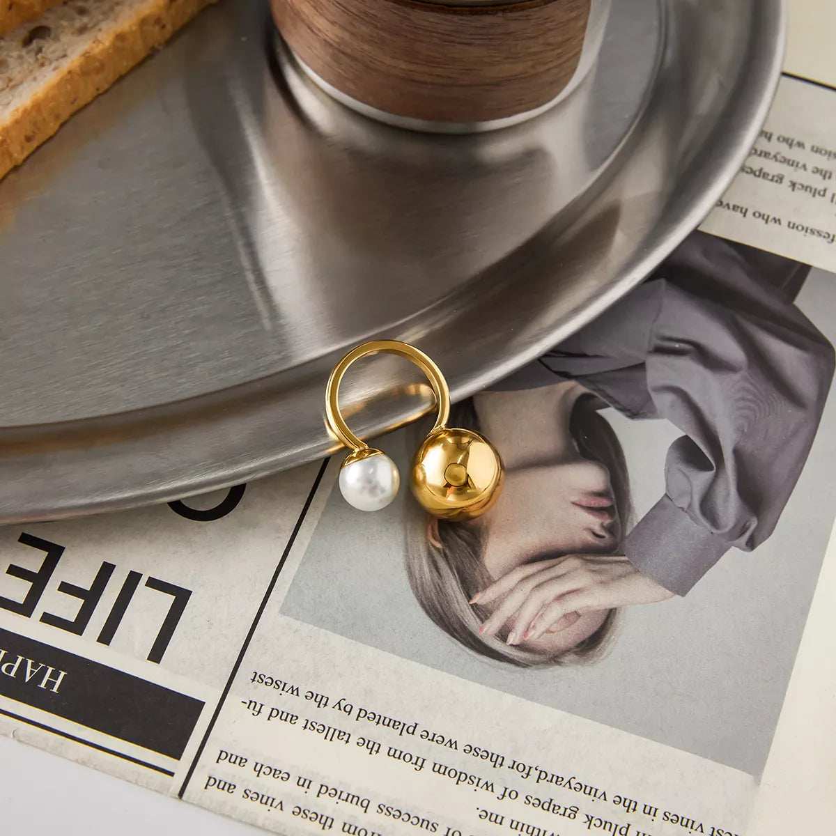 18K Gold-Plated Orb & Pearl Open Ring