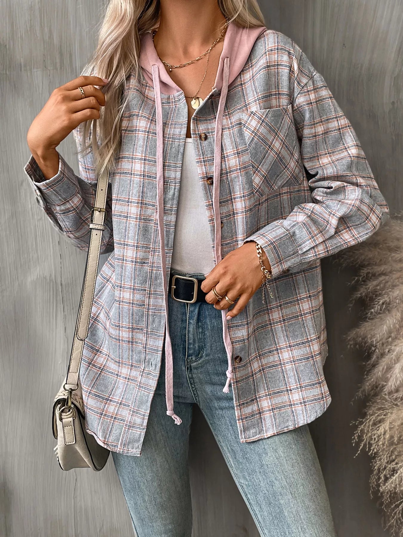 Plaid Button-Up Hooded Shirt with Chest Pocket