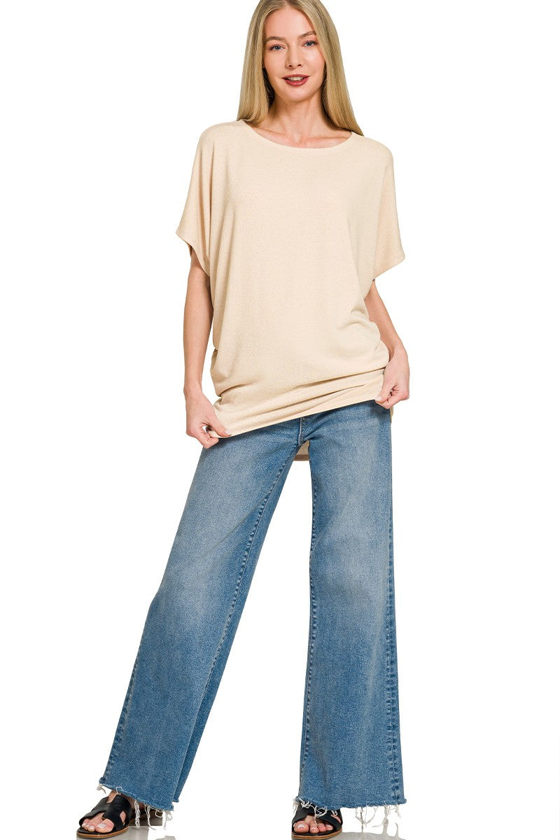 Zenana Hacci Dolman Sleeve Boat Neck Top