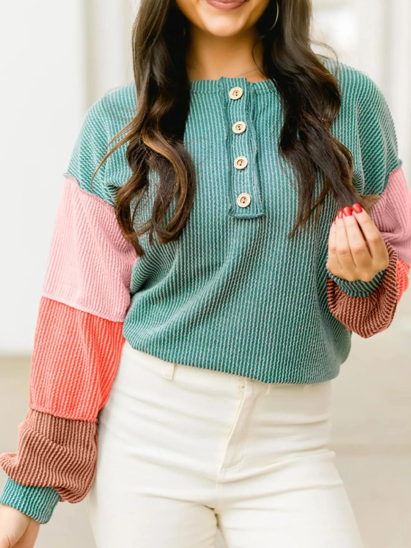 Color Block Ribbed Knit Henley Sweatshirt
