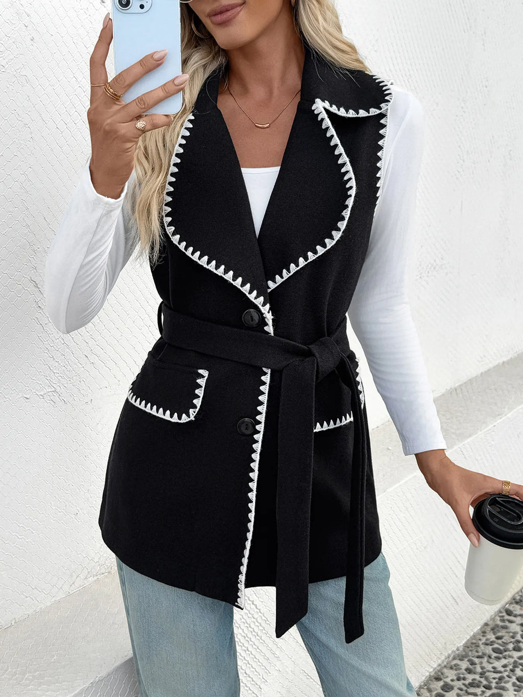 Contrast Trim Collared Neck Vest Coat