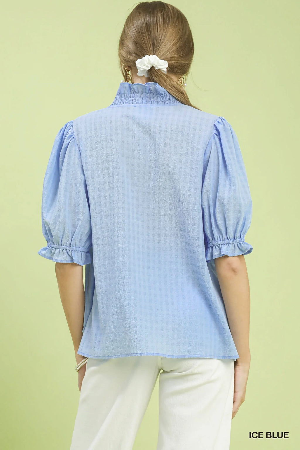 Umgee Textured Check Ruffle V-Neck Blouse