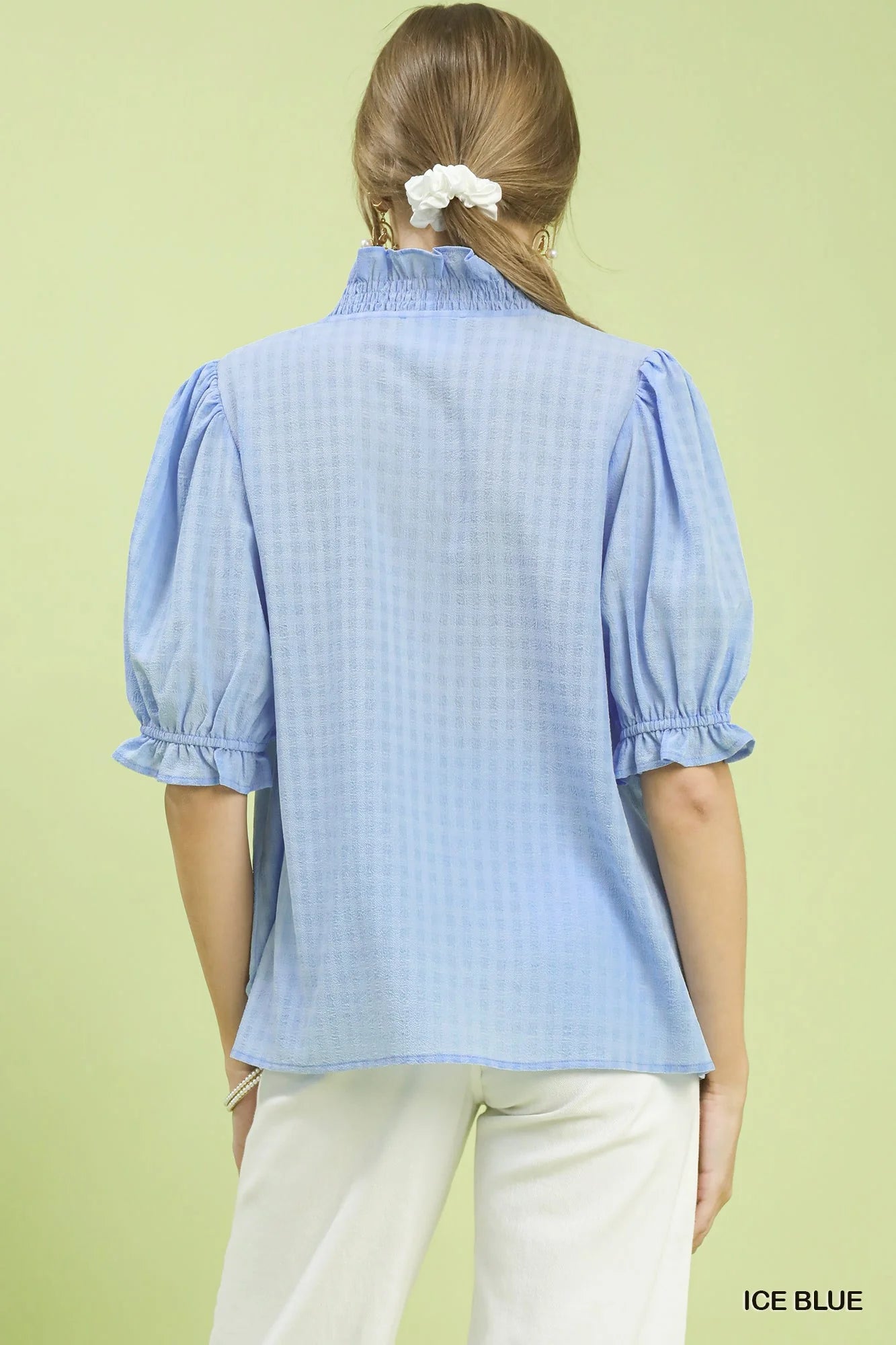 Umgee Textured Check Ruffle V-Neck Blouse