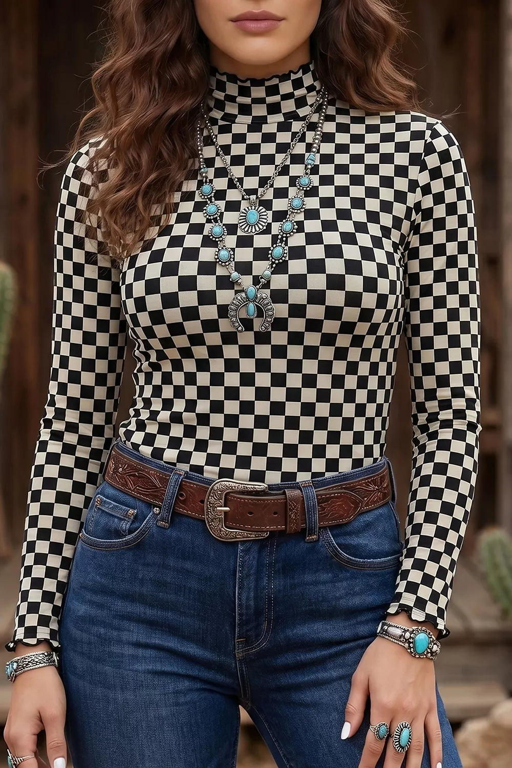 Plaid Stand Neck Long Sleeve Mesh Top