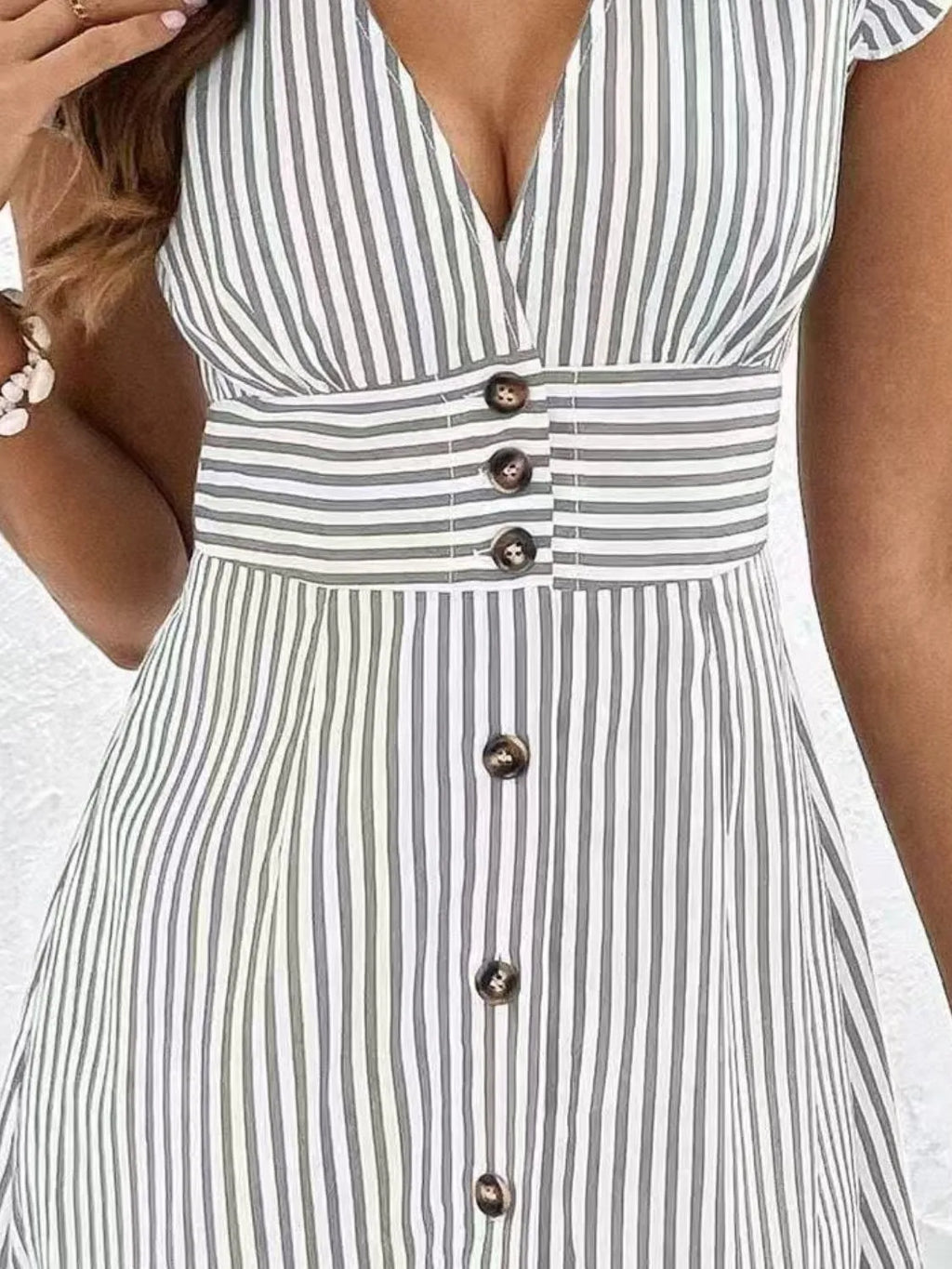 Striped Button Front Cap Sleeve Dress