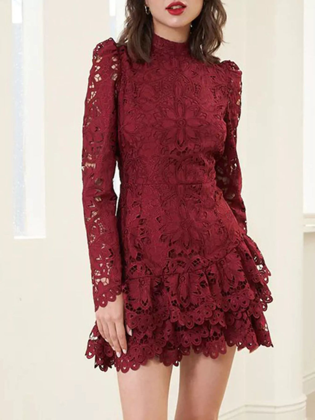Lace Mock Neck Long Sleeve Mini Dress