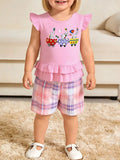 Children's Bunny Train Ruffle Trim Top & Plaid Shorts Set
