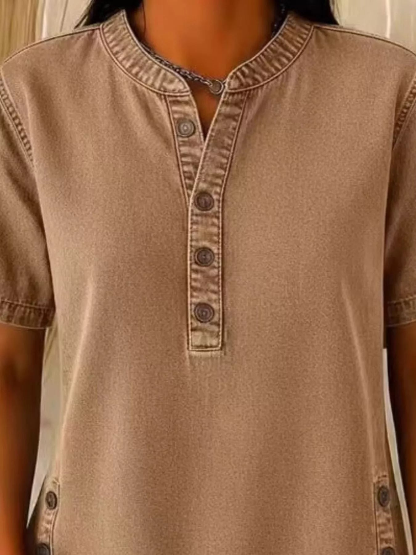 Full Size Button Detail Short Sleeve Blouse Plus Size