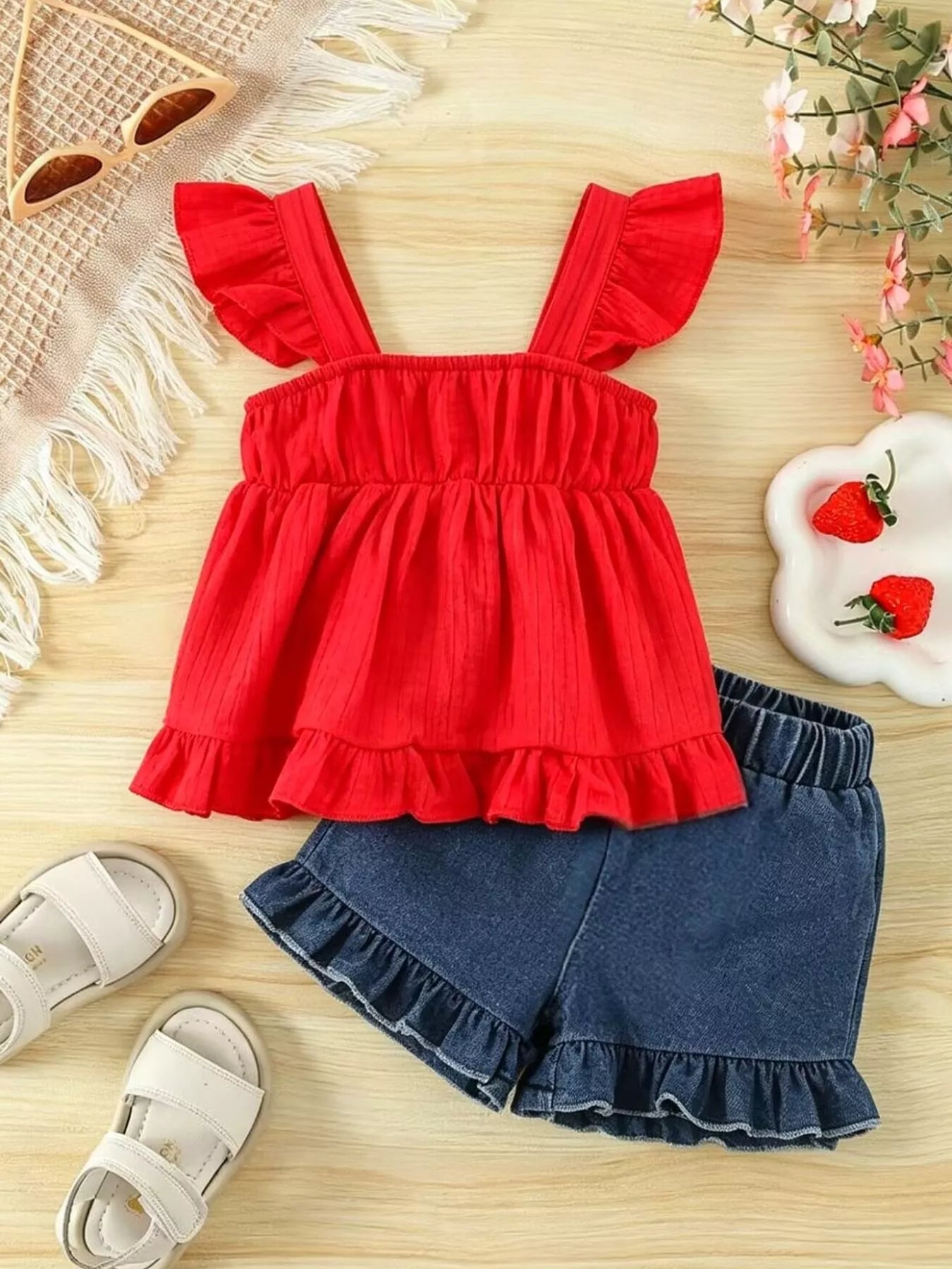 Children's Strawberry Crochet Trimmed Top and Denim Shorts Set
