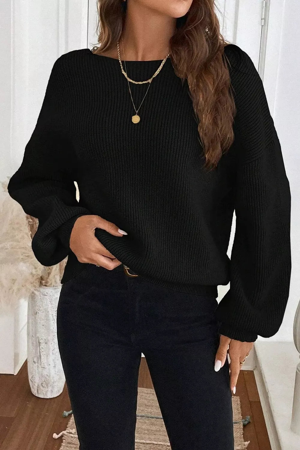 Ribbed Knit Ribbon Knot Backless Drop Shoulder Sweater