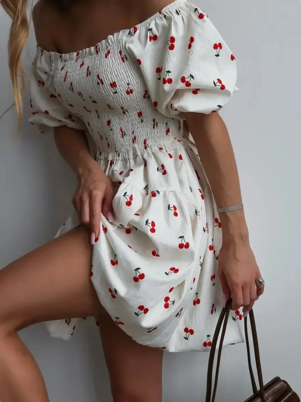Puff Sleeve Cherry Print Smocked Mini Dress