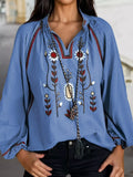 Floral Embroidered Split Neck Tassel Tie Puff Sleeve Blouse