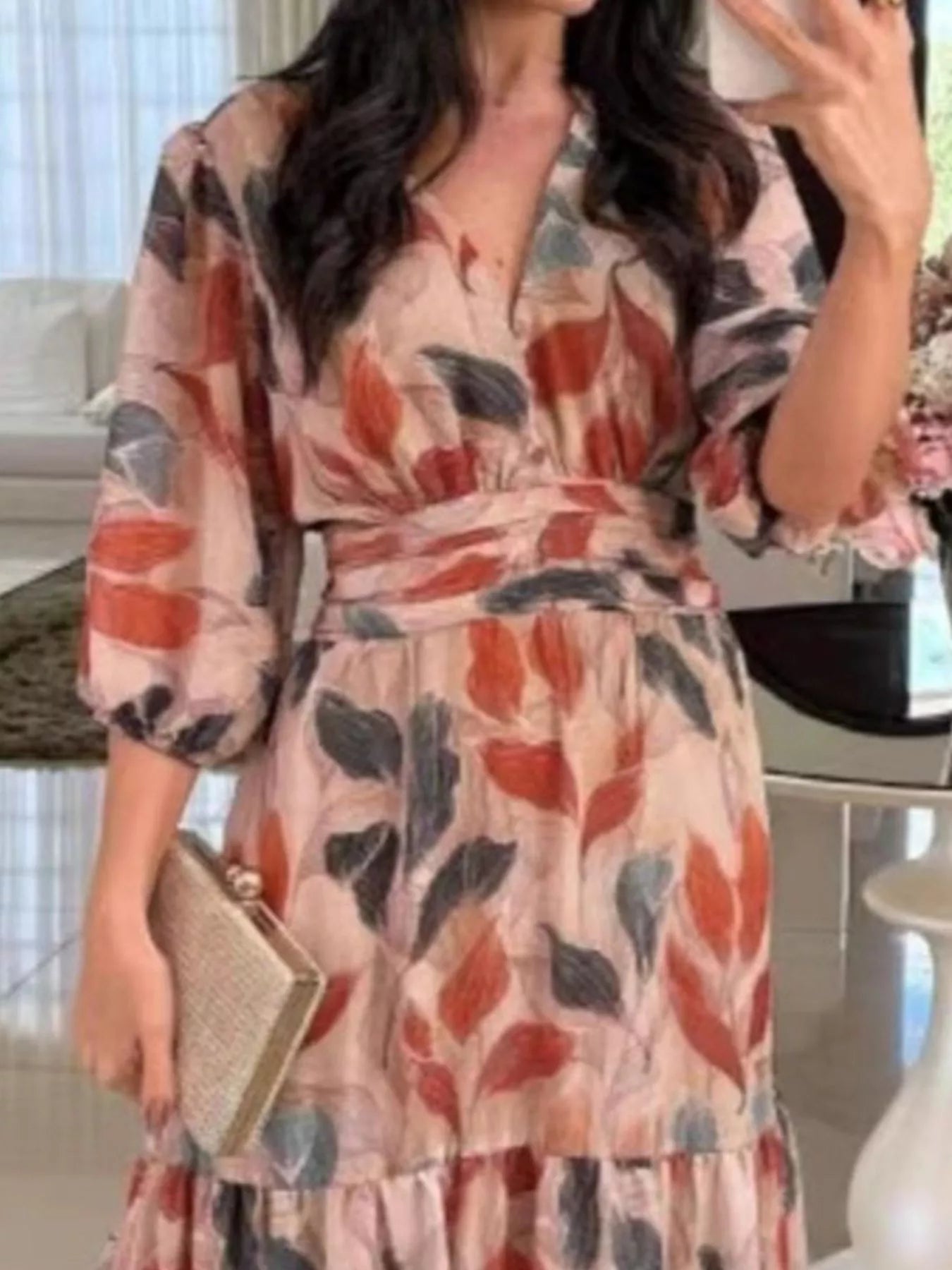 Full Size Printed V-Neck Maxi Dress with Tiered Hemline Plus Size