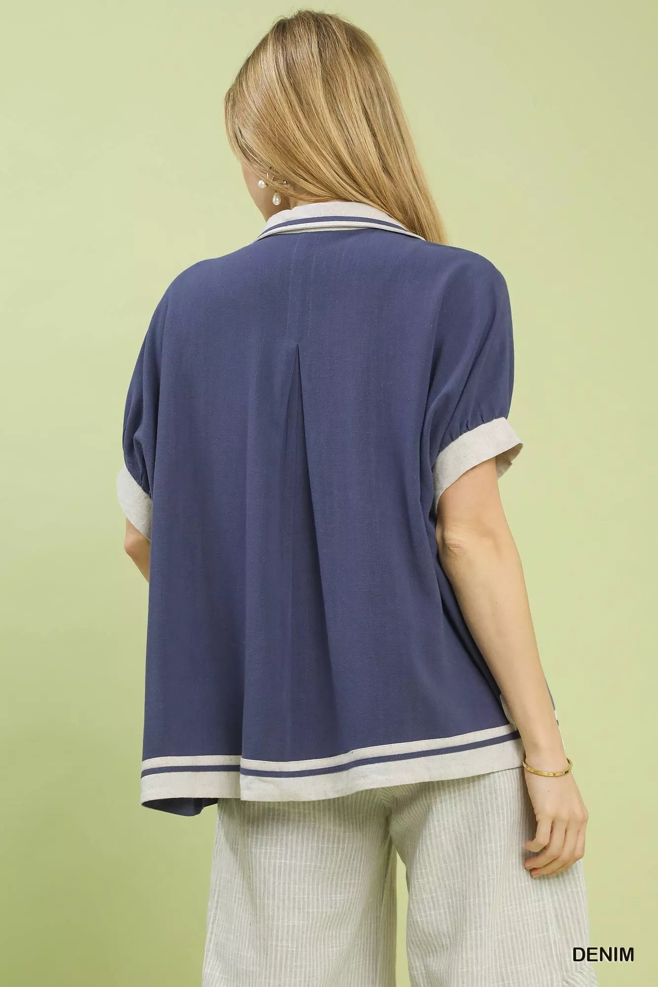 Umgee Linen Button Front Top with Contrast Piping