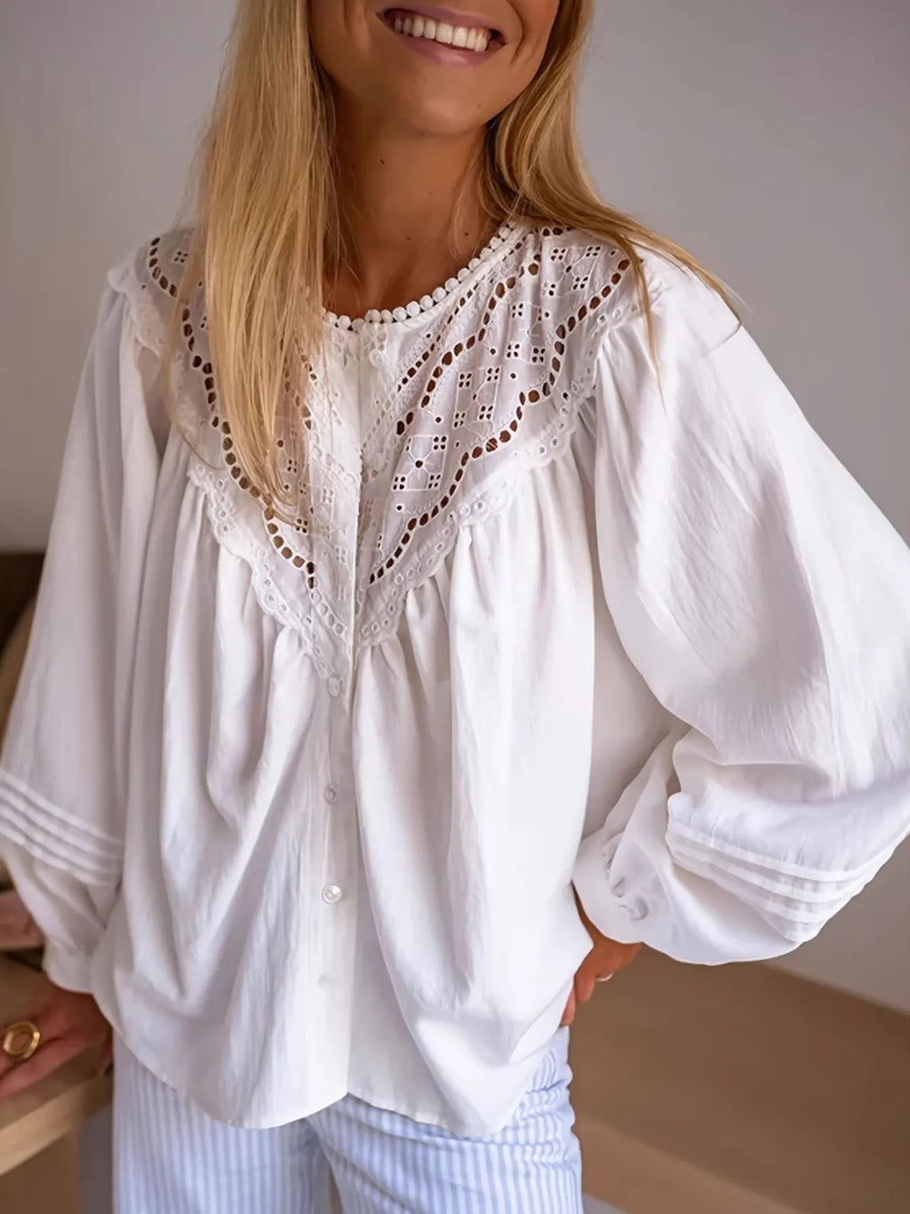 Eyelet Lace Detail Long Sleeve Blouse