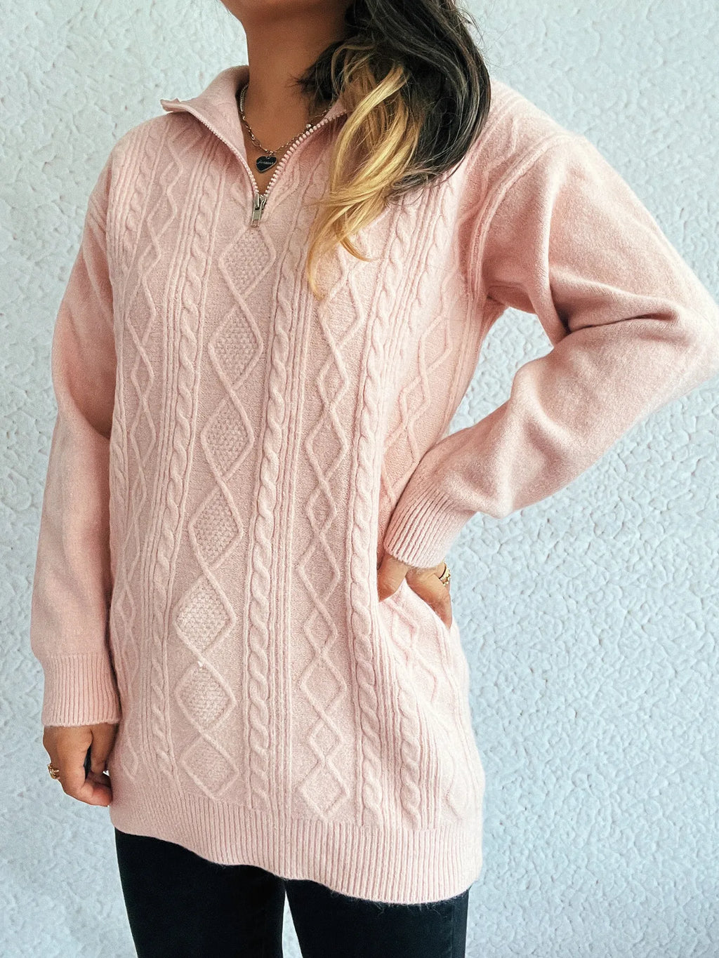 Texture Zip Collar Long Sleeve Sweater
