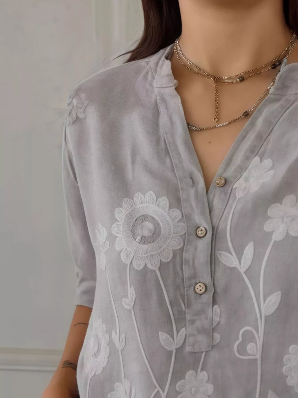 Full Size Floral Embroidered Button Detail Blouse Plus Size