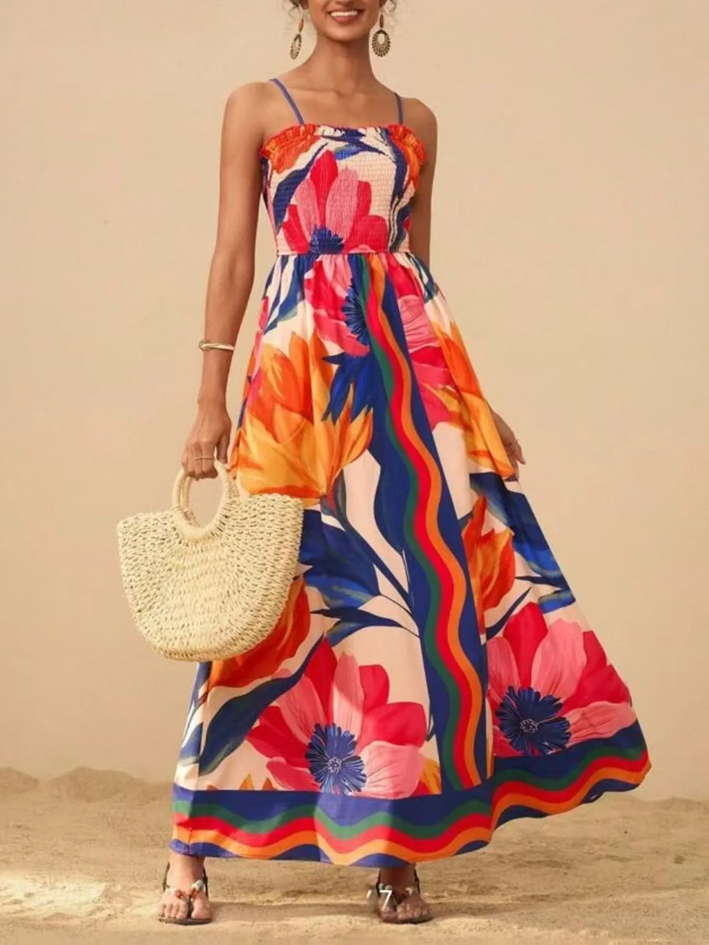Smocked Printed Spaghetti Strap Maxi Summer Dress