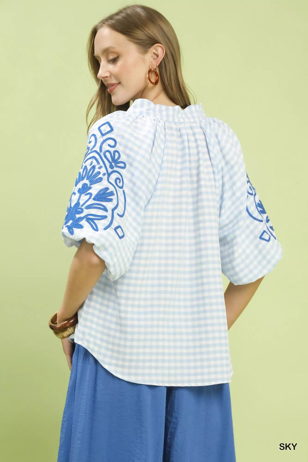 Umgee Gingham Embroidered Balloon Sleeve Top