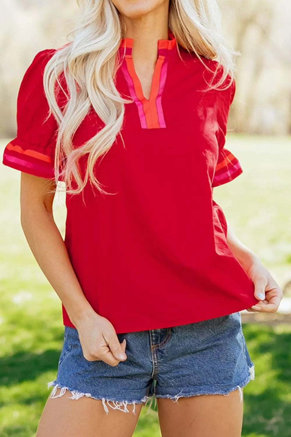 Ruffled Sleeve Notched Blouse with Striped Detail