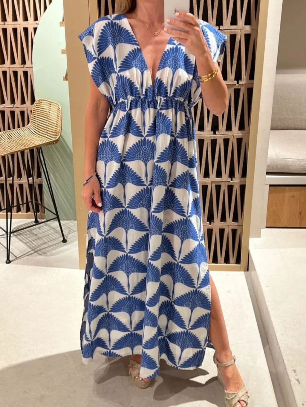 Slit Printed V-Neck Cap Sleeve Maxi Dress