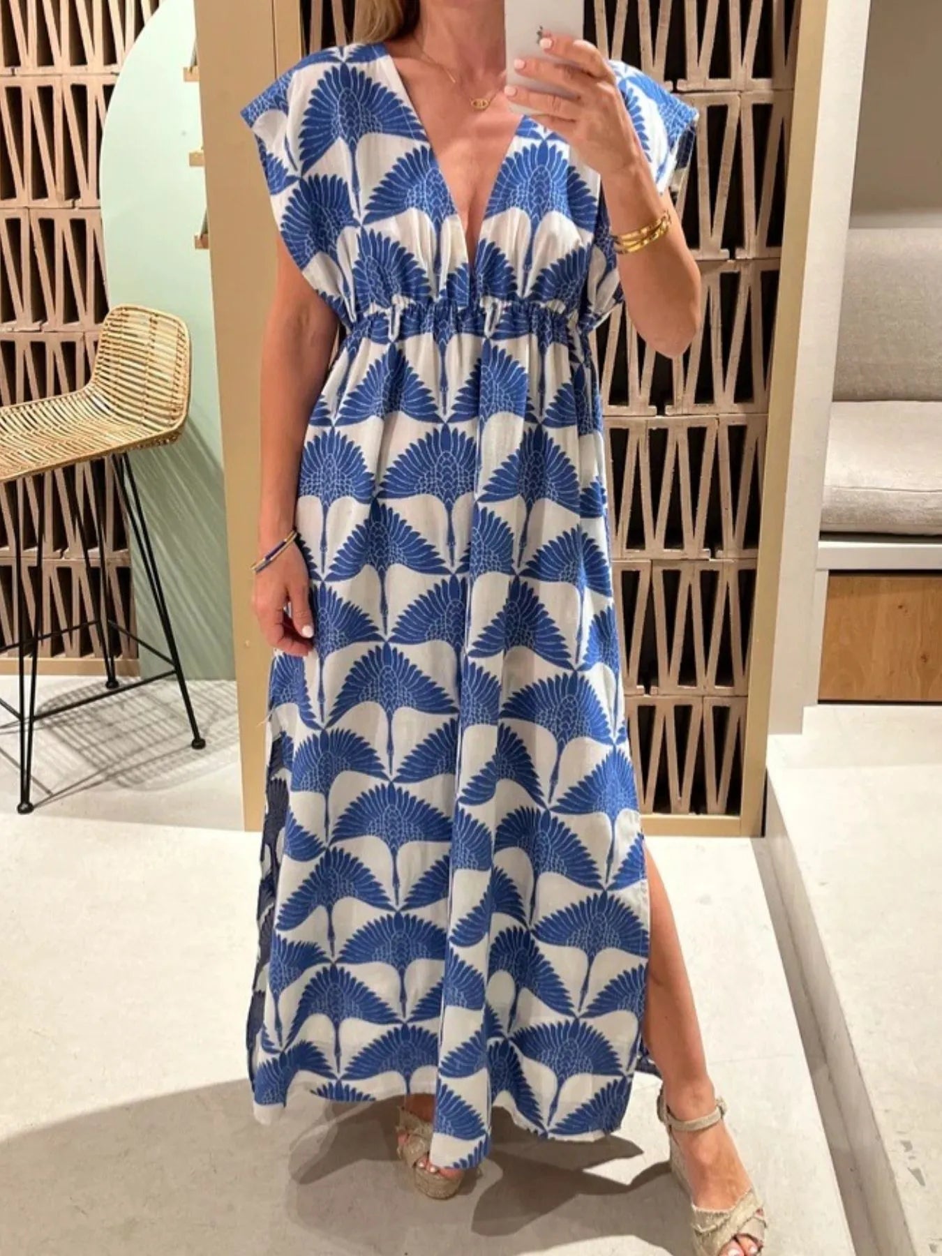 Slit Printed V-Neck Cap Sleeve Maxi Dress