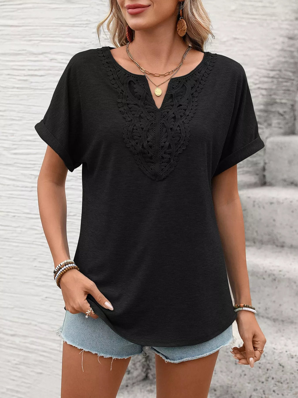 Lace Trim Short Sleeve T-Shirt