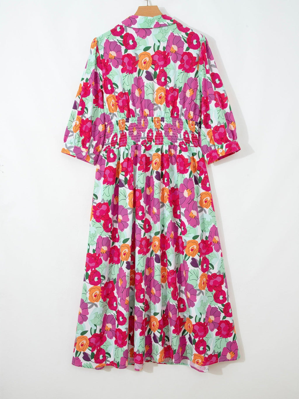 Vibrant Floral Print V Neck Zip Up Puffy Half Sleeve Dress