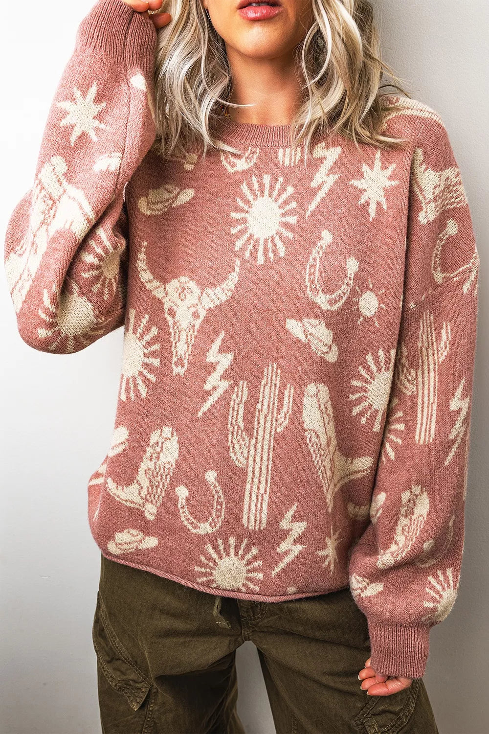 Western Graphic Round Neck Sweater