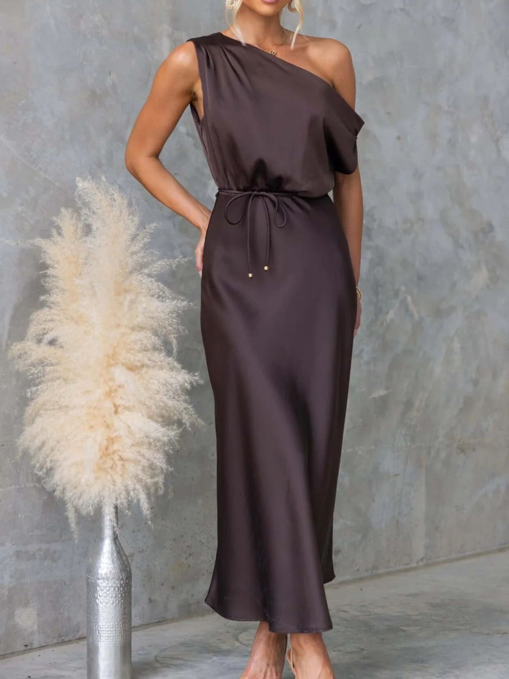 One-Shoulder Tied Midi Dress