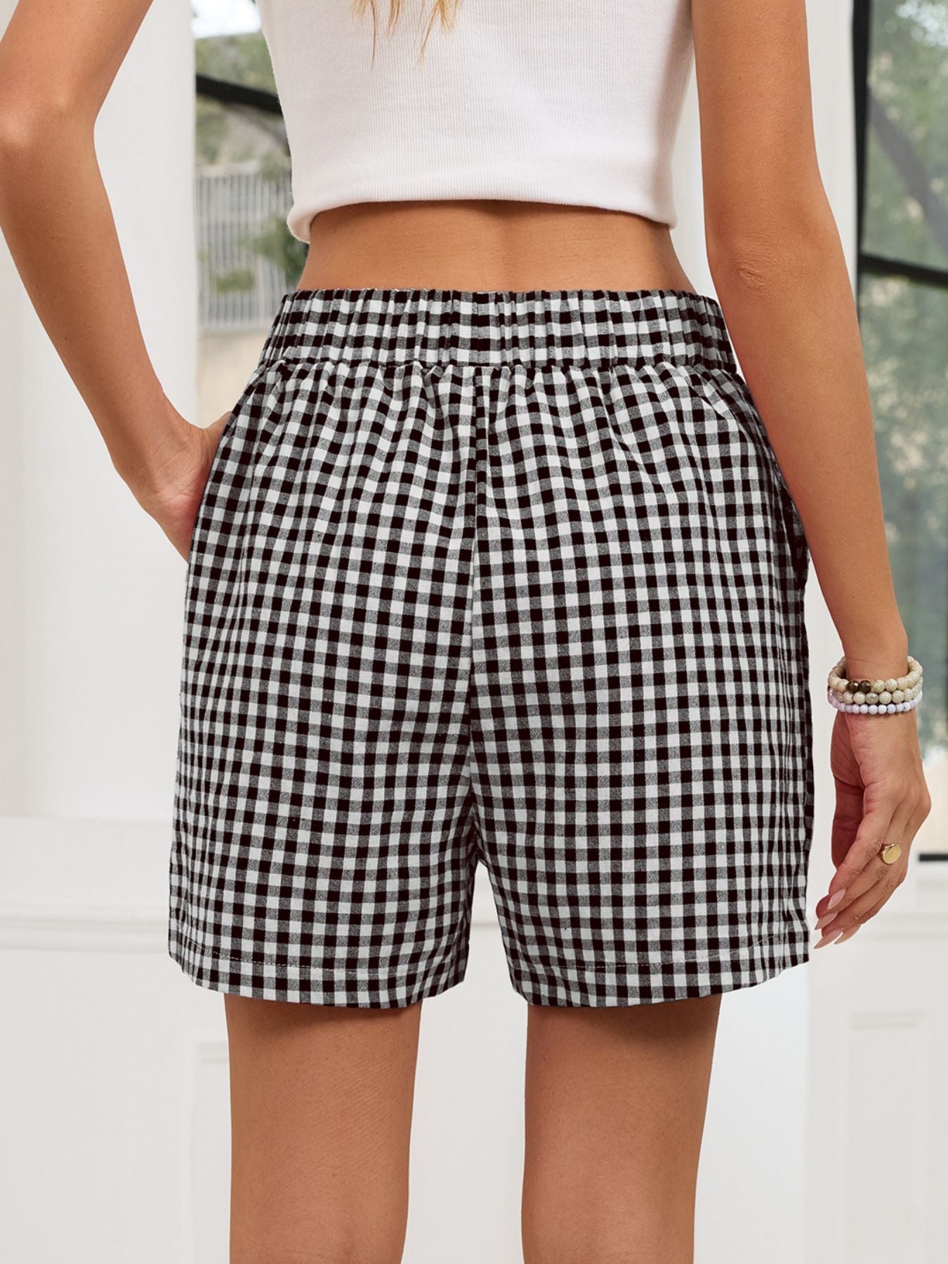 Gingham Elastic Waist Casual Shorts