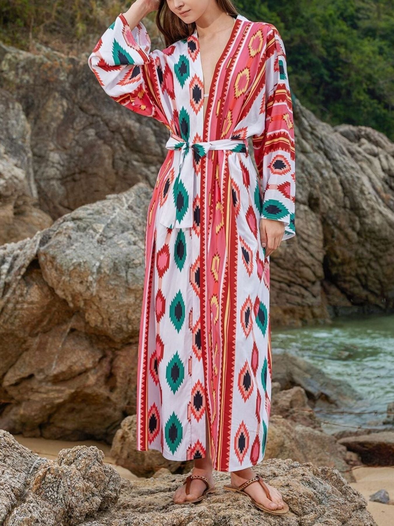 Boho Print Long Sleeve Beach Cover-Up