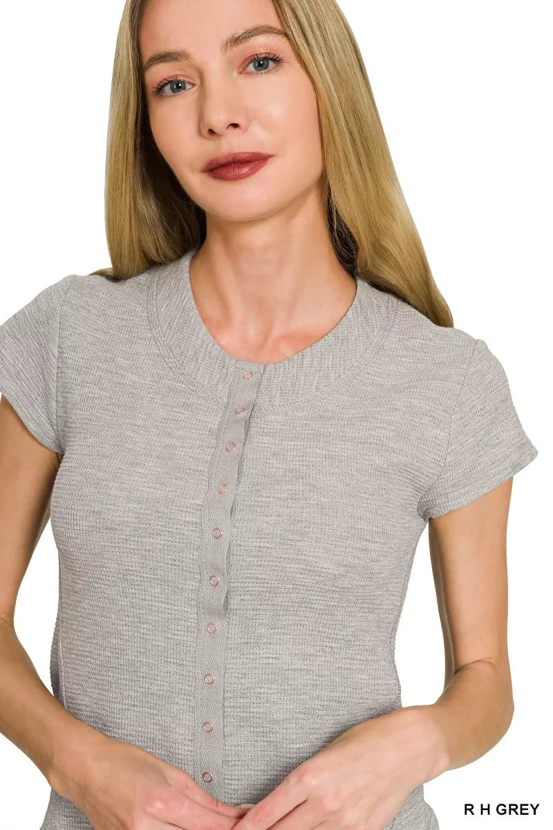 Zenana Double Knit Snap Button Short Sleeve Shirt