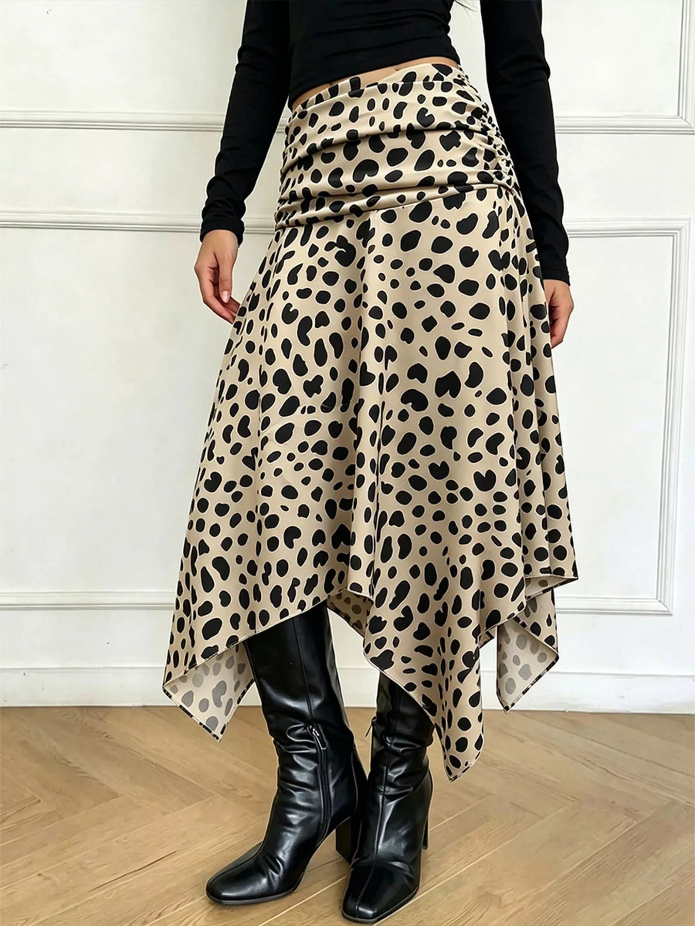 Leopard Print Asymmetrical Hem Midi Skirt