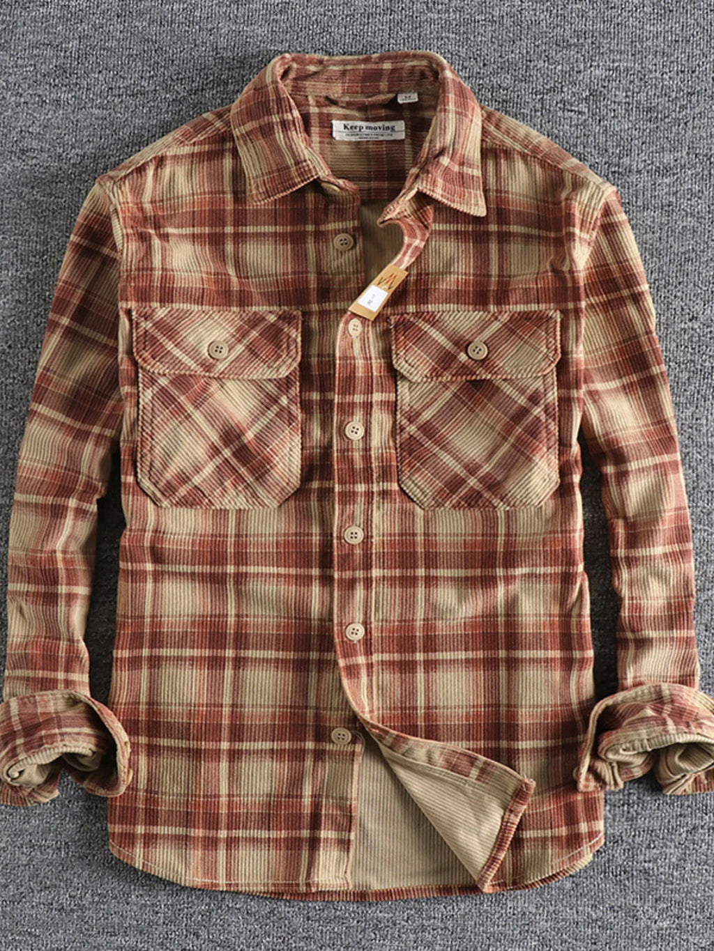 Men's Plus Size Button Down Plaid Corduroy Shirt with Chest Pockets