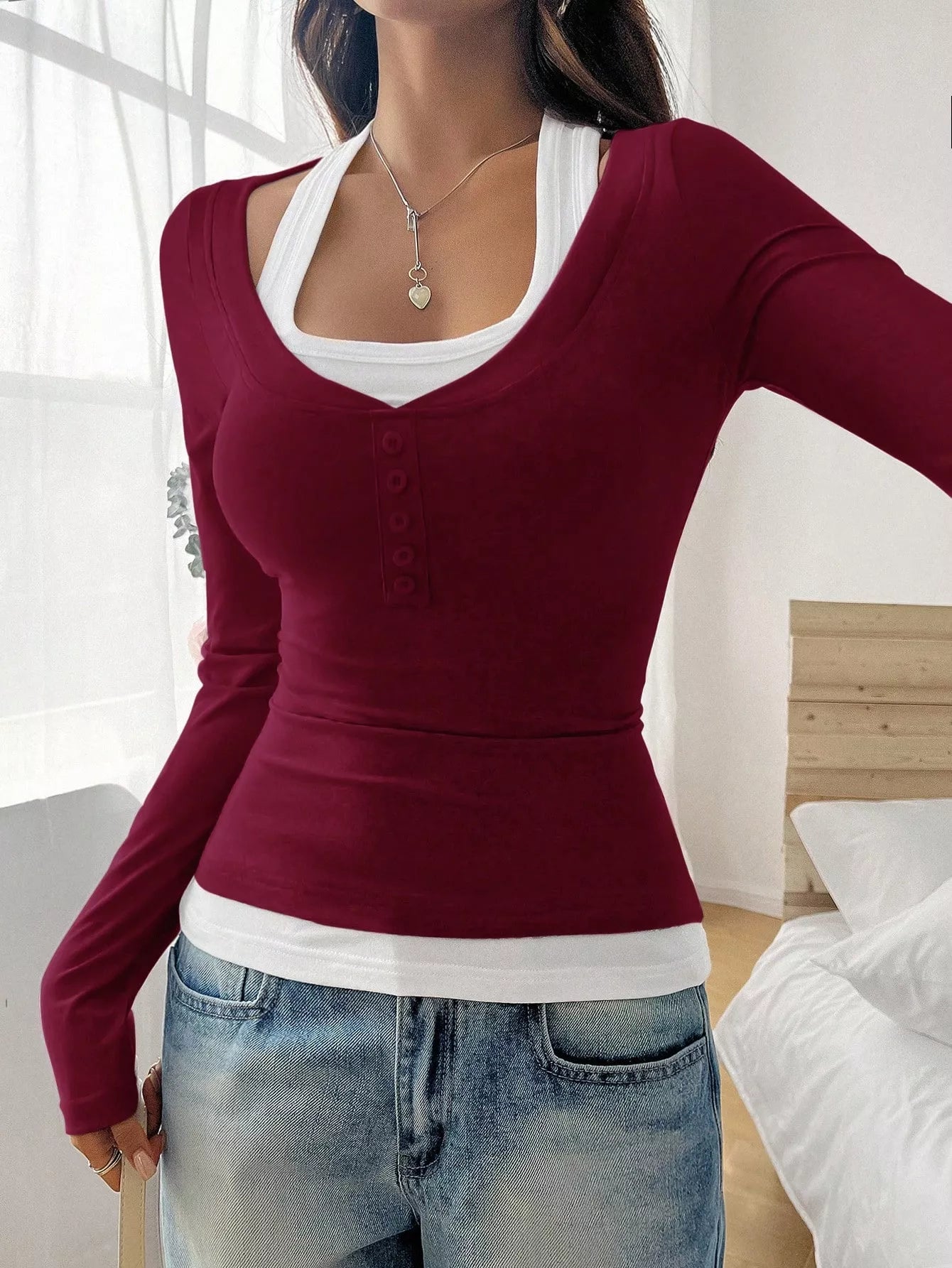 Scoop Neck Long Sleeve Fake Two-Piece T-Shirt