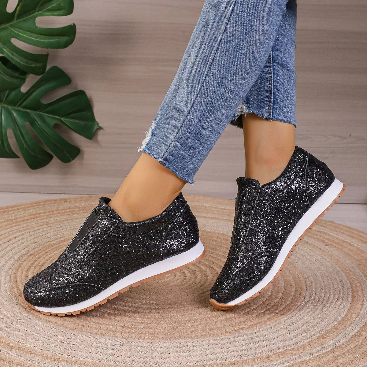 Round Toe Glitter Slip-Ons