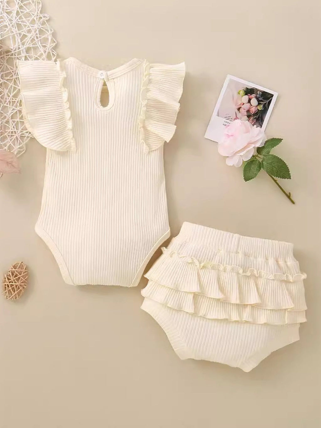 Children's Ribbed Ruffle Trim Bodysuit & Shorts Set
