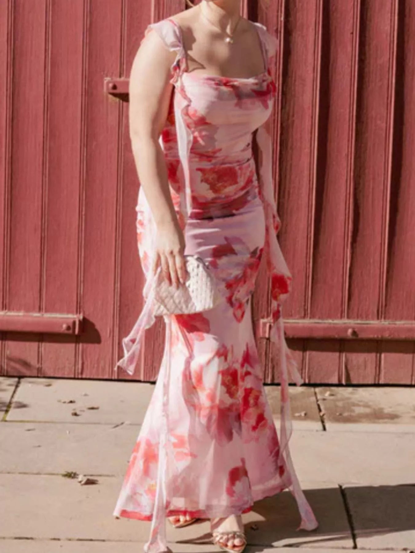 Floral Print Ruffle Trim Bodycon Maxi Dress